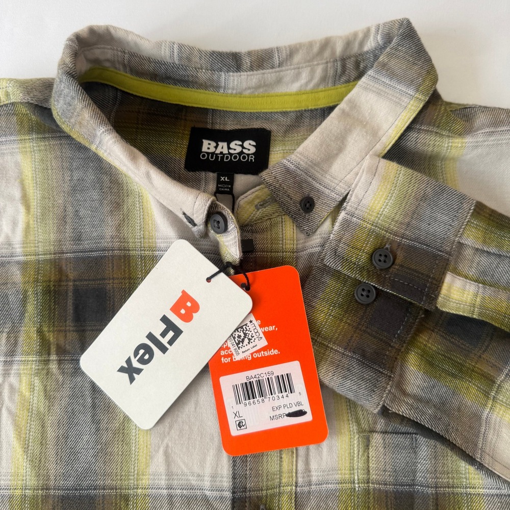 Bass Outdoor Mens Flannel Shirt Plaid Button Up‎ Long Sleeve BFlex XL